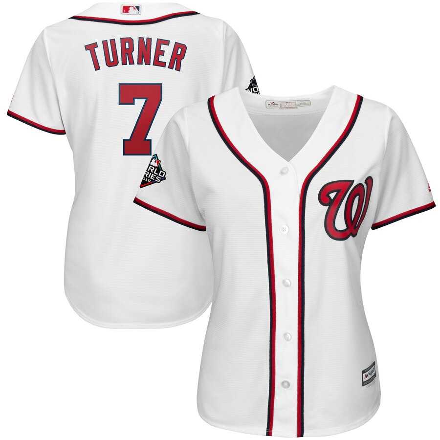 Women Nationals 7 Trea Turner White 2019 World Series Bound Cool Base Jersey,We sell and wholesale Women Nationals 7 Trea Turner White 2019 World Series Bound Cool Base Jersey on line form chian!